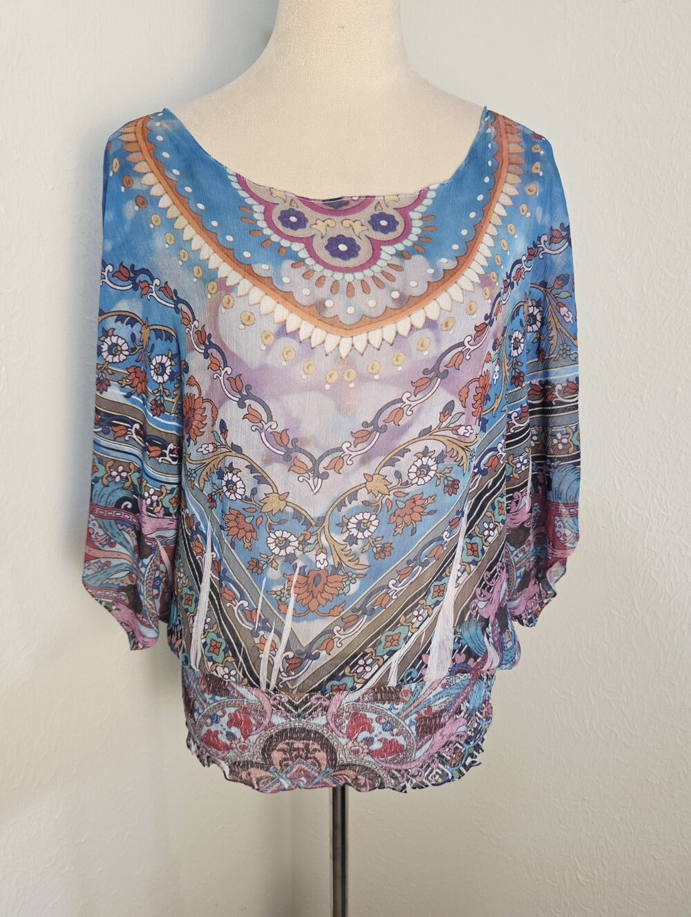 Oneworld Floral Blue/Purple Print Top, Kimono Sleeves, Shirred Elastic Hem Sz XL